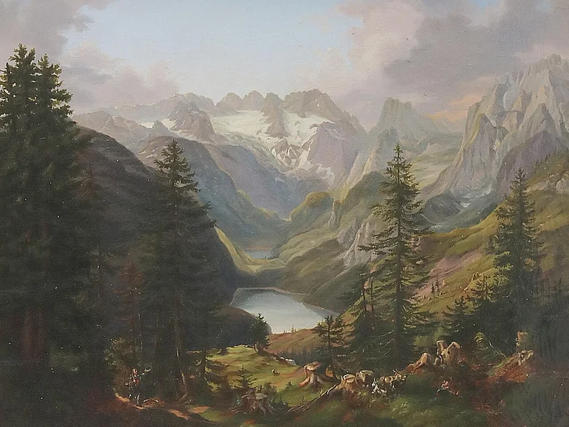1815-Josef Plank - Vista sul lago Gosau verso il monte Dachstein.